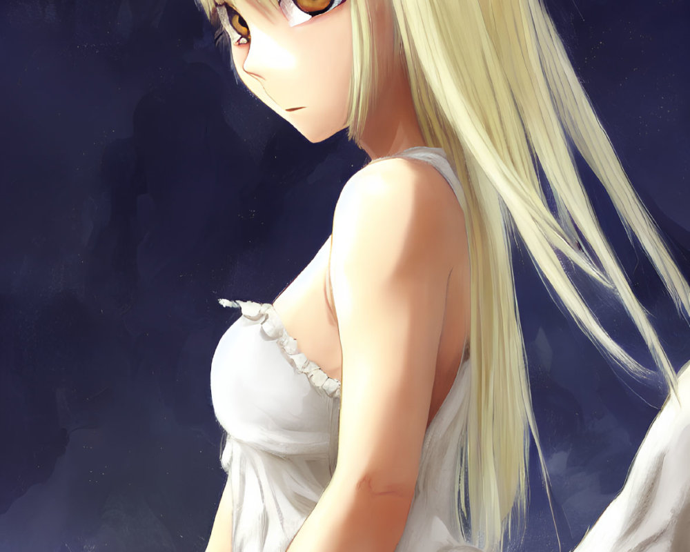 Blonde anime girl in white dress under crescent moon