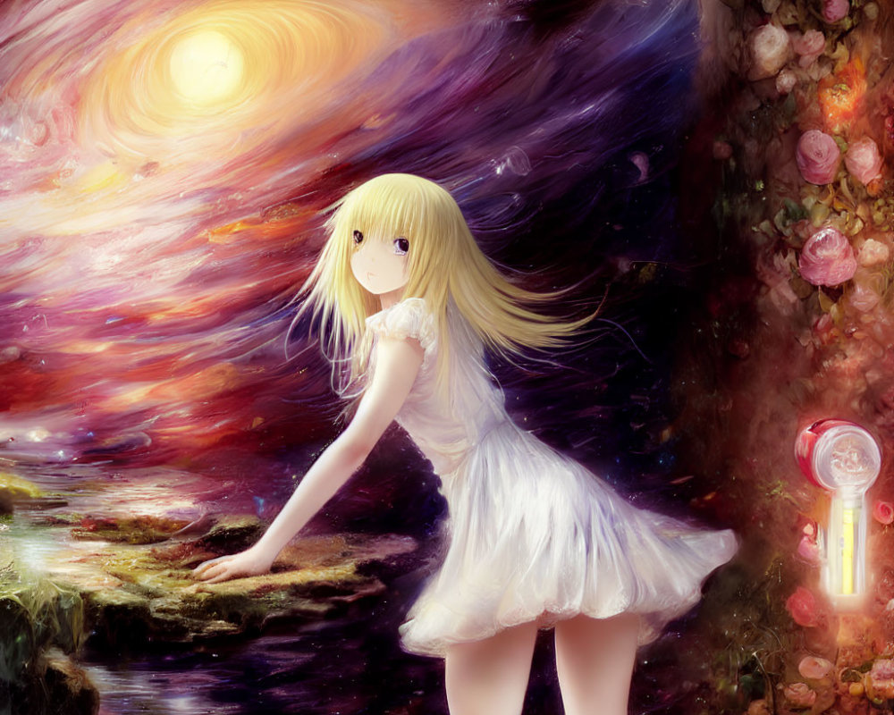 Blonde anime girl in white dress by water's edge with galaxy, flowers, and red mailbox