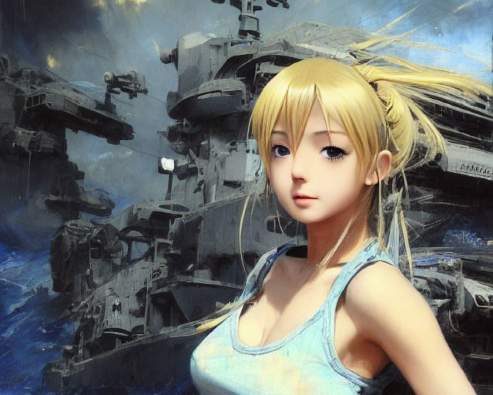 Blonde anime girl in blue tank top with warships and aircraft in dramatic sky