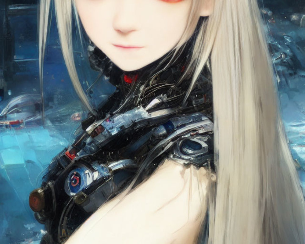 Silver-haired anime female in black armor suit on blue backdrop