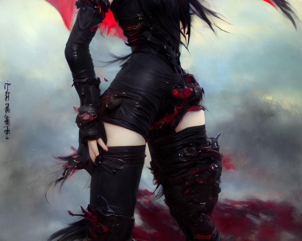 Stylized artwork of female figure with black hair and gothic outfit