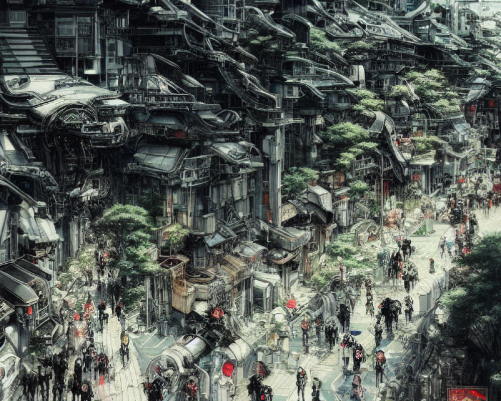 Dystopian cityscape with chaotic architecture and crowded streets.