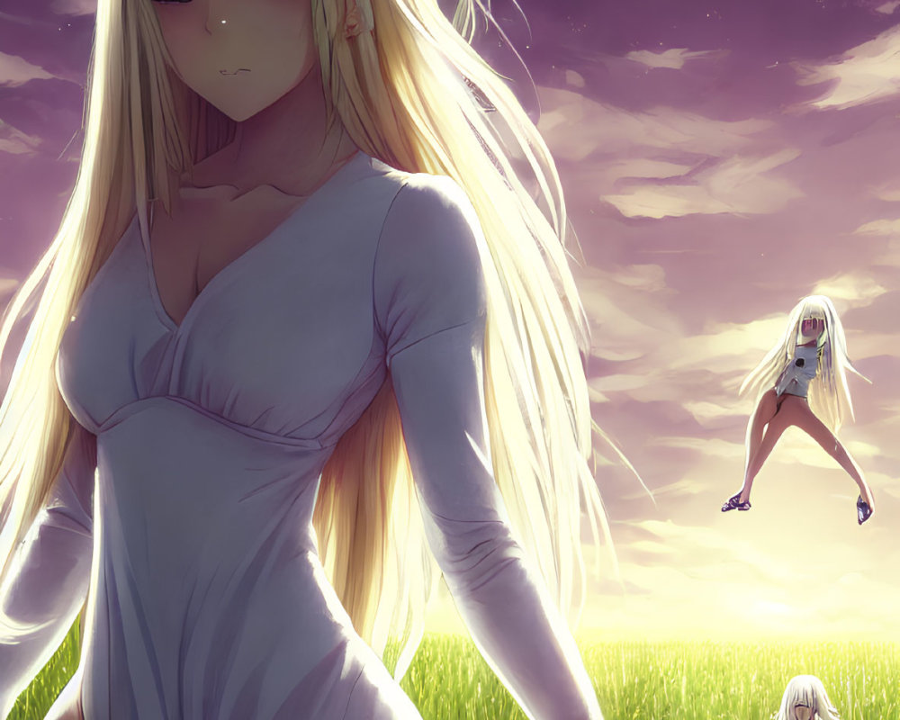 Three blonde girls in field at sunset with UFOs in sky