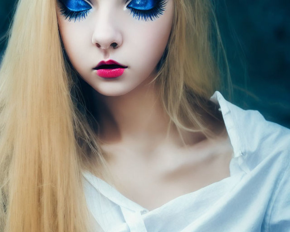 Blonde woman with blue eye makeup in white blouse
