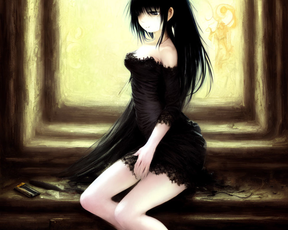Illustrated female character with long black hair in black dress sitting in front of warm glowing backdrop with small