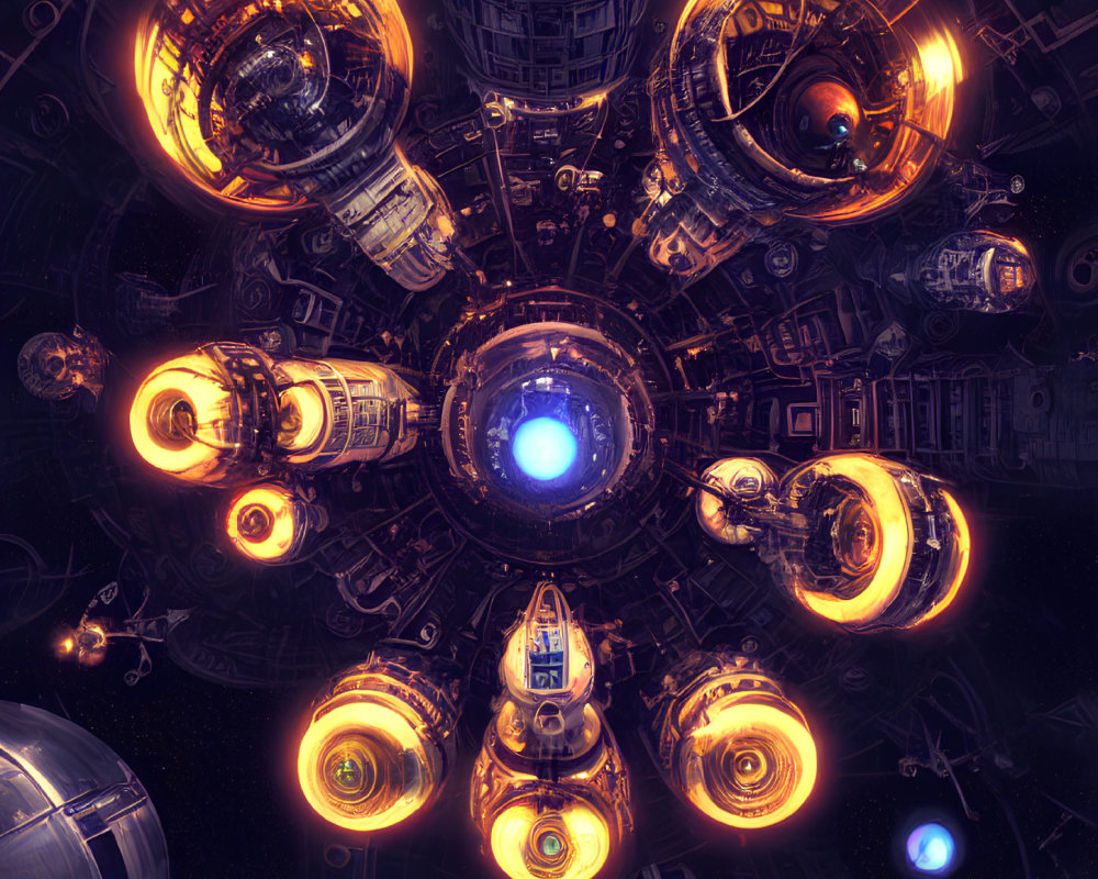 Futuristic space station with glowing engines and blue core in dark cosmos