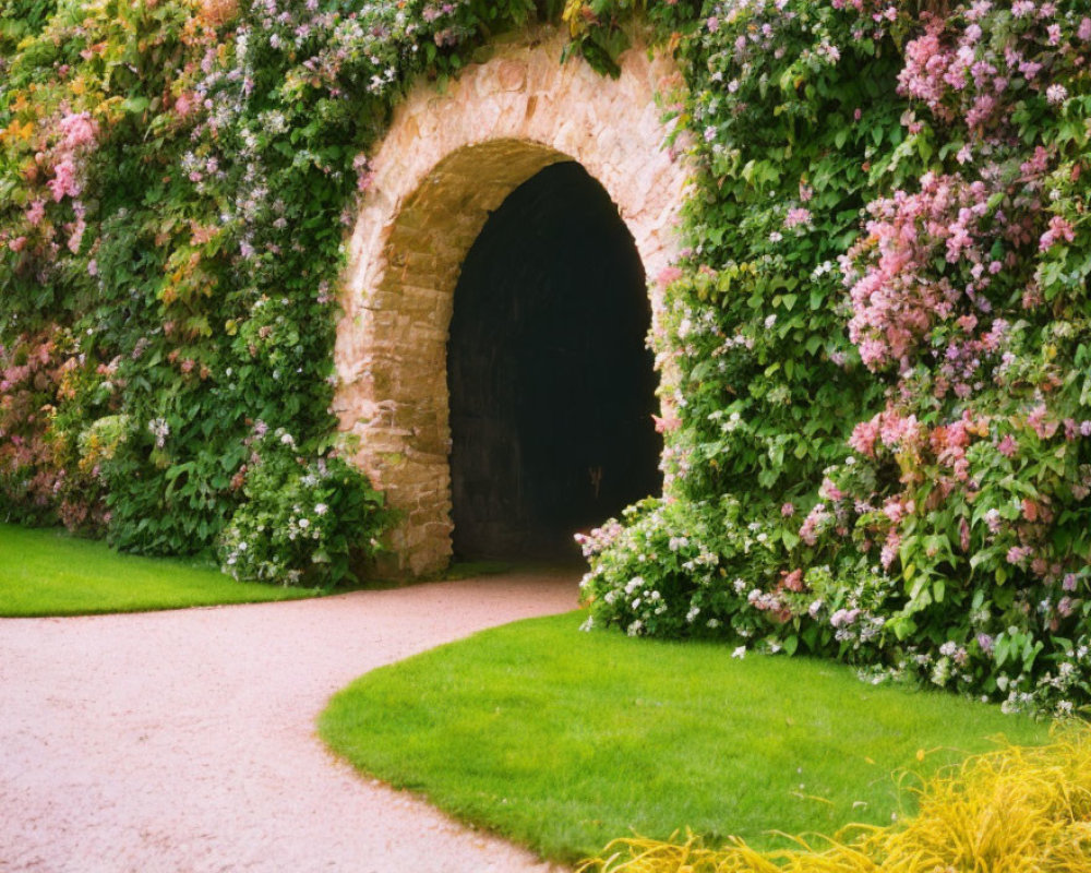 Tranquil garden path with stone archway and blooming flowers