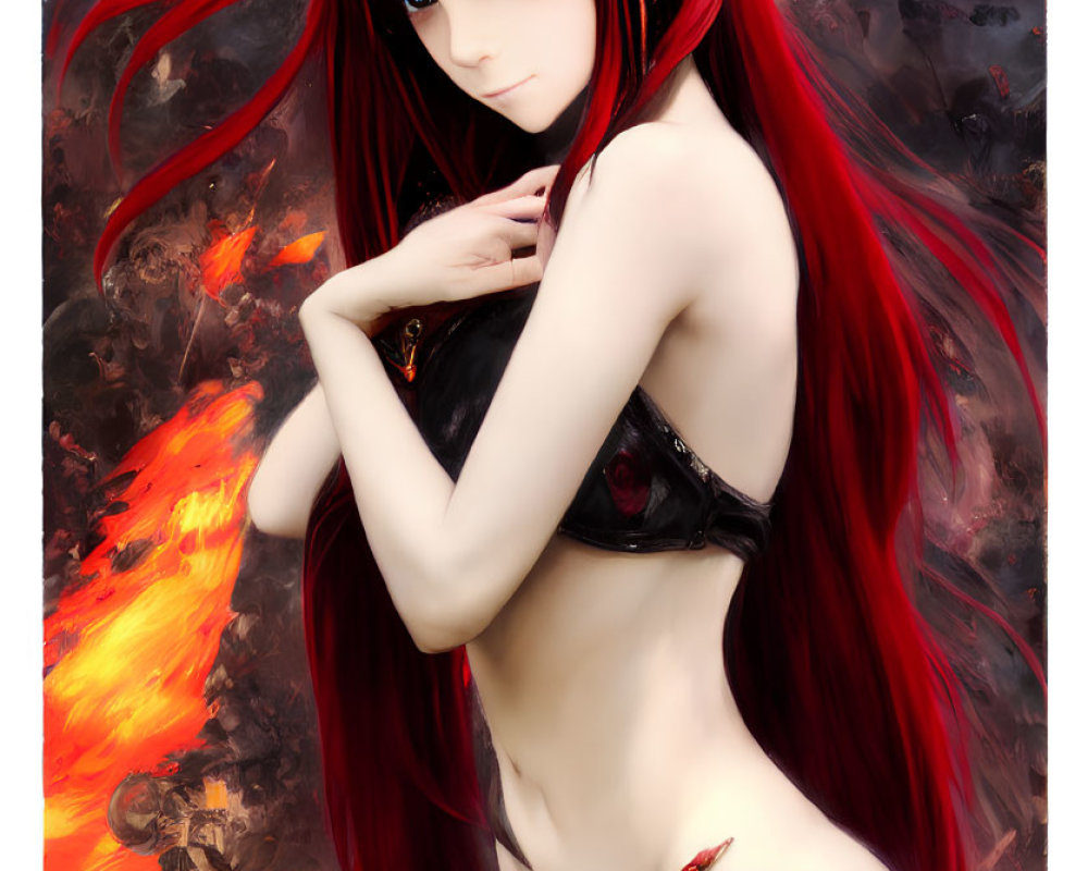 Red-haired animated character with horns in dark outfit on fiery background