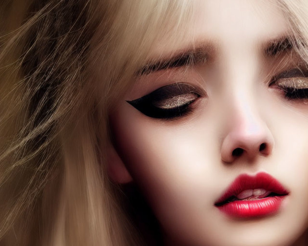 Detailed Close-up: Woman with Bold Eyeliner, Red Lipstick, Tousled Blond Hair