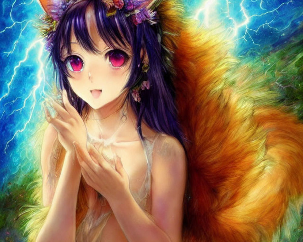 Illustrated character with fox ears in floral scene with lightning