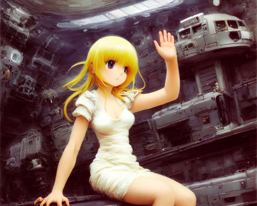 Blond-Haired Girl in White Dress with Robot in Futuristic Setting