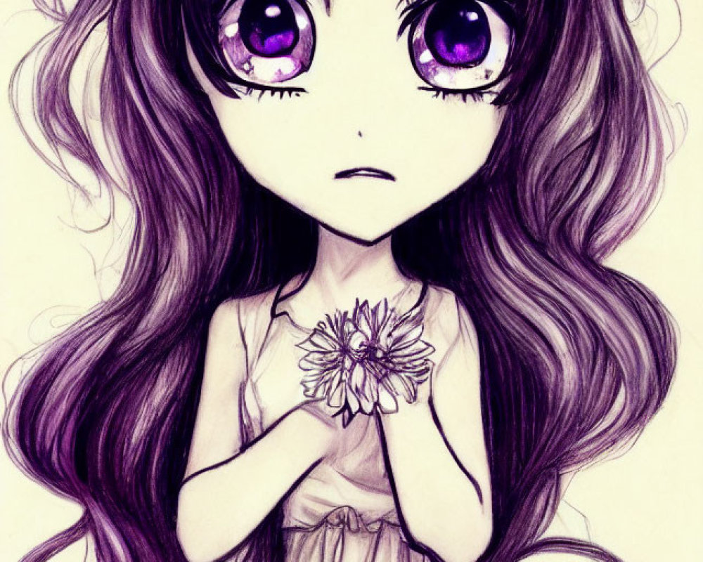 Detailed Anime Style Illustration of Girl with Large Purple Eyes and Flower Adornment