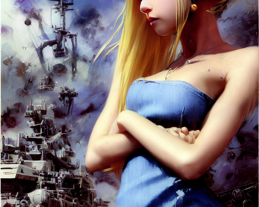 Blonde Woman in Blue Dress with Fantastical Background