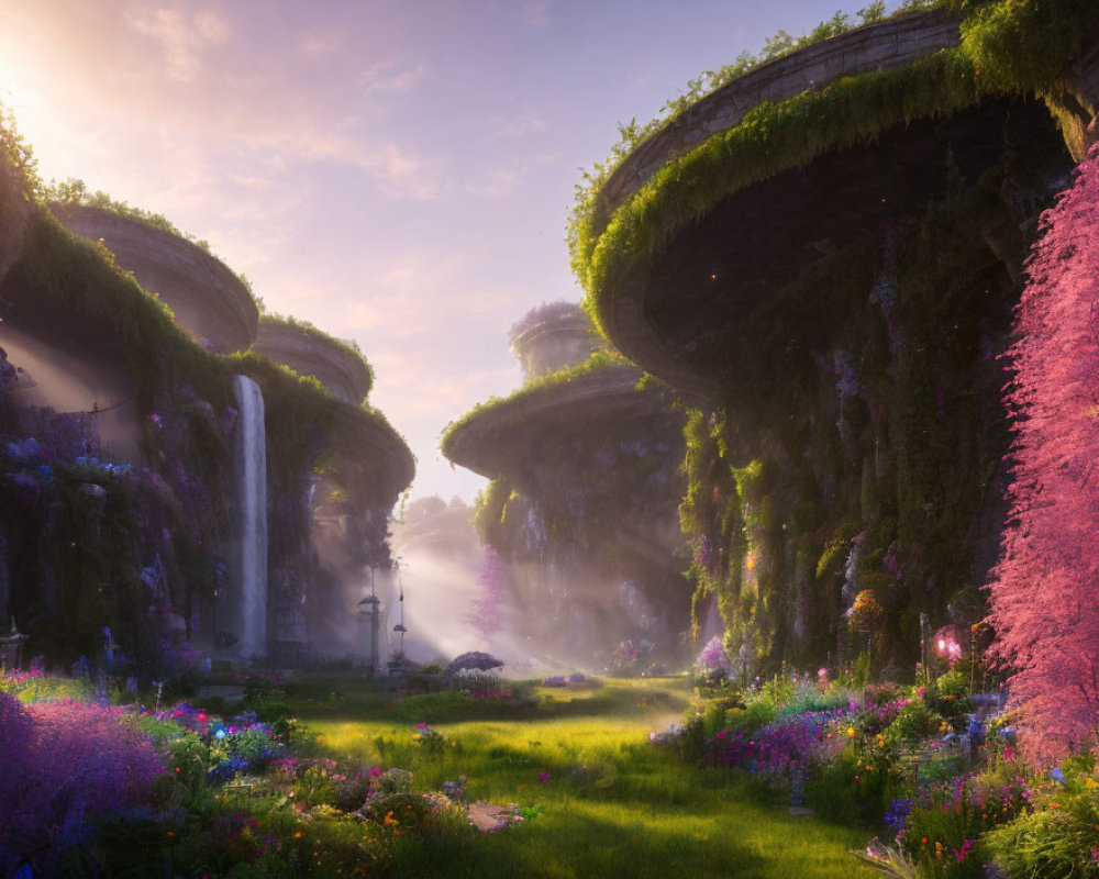 Mystical landscape with overgrown cliffs, waterfalls, and vibrant flora