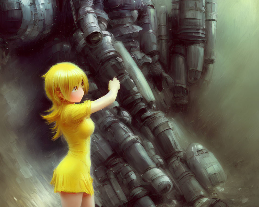Girl in Yellow Dress Stands Among Futuristic Metallic Cylinders