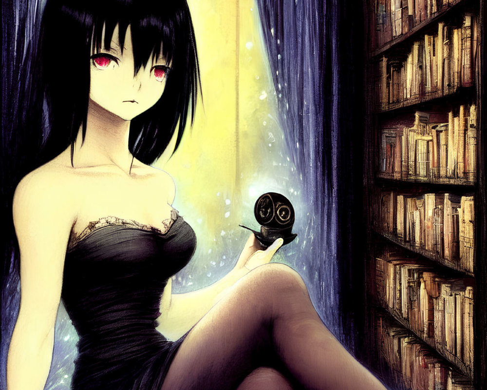 Anime-style drawing: Black-haired girl in black dress with red eyes, holding revolver by bookshelf