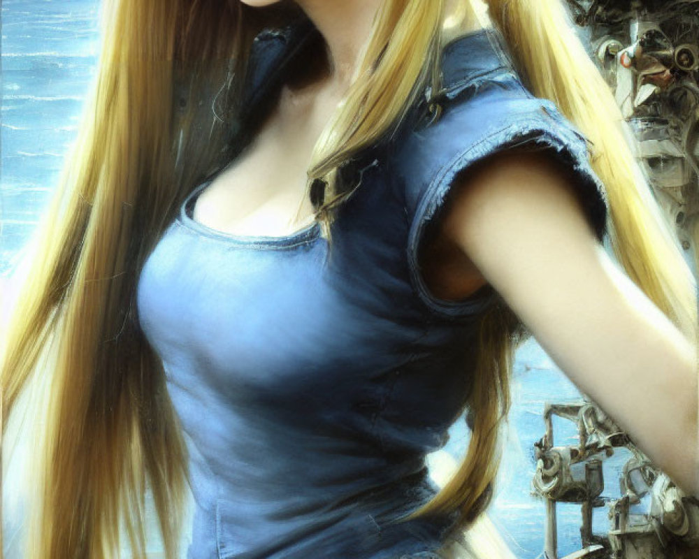 Blonde woman in denim dress with sci-fi battleship background