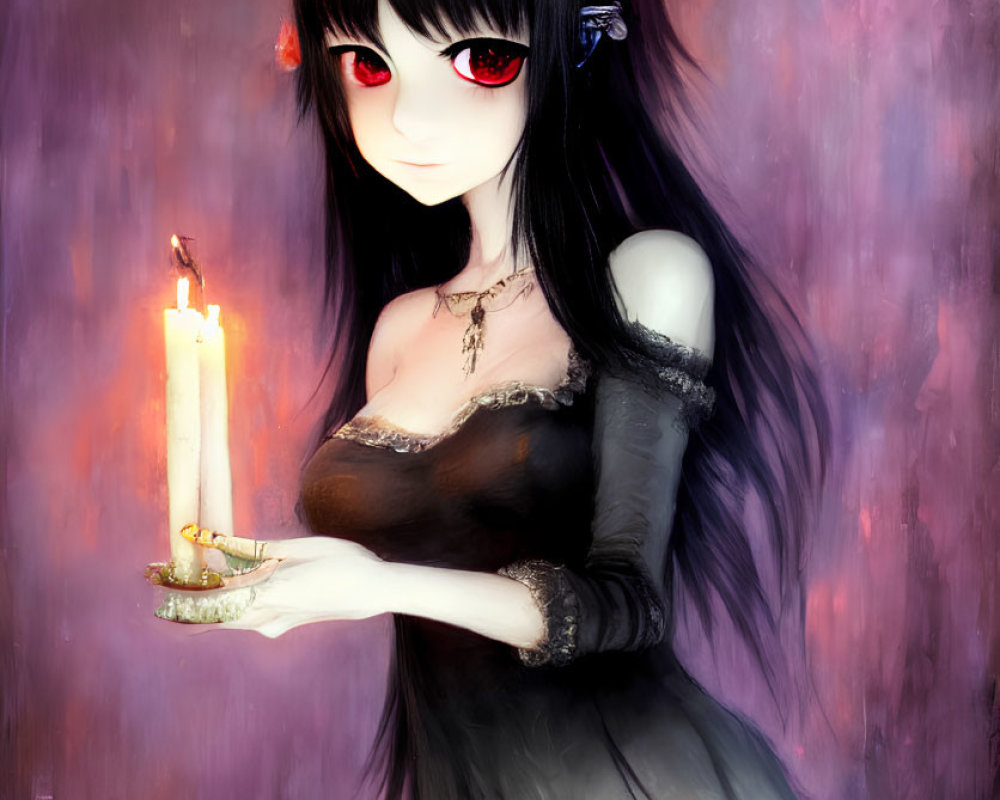 Gothic-style anime girl with black hair and red eyes holding a candle in purple haze