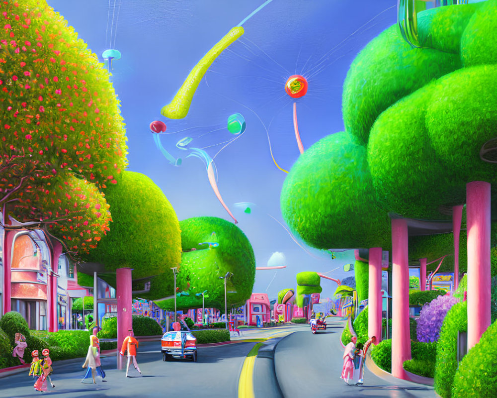 Colorful Futuristic Street Scene with People, Trees, and Unique Streetlights