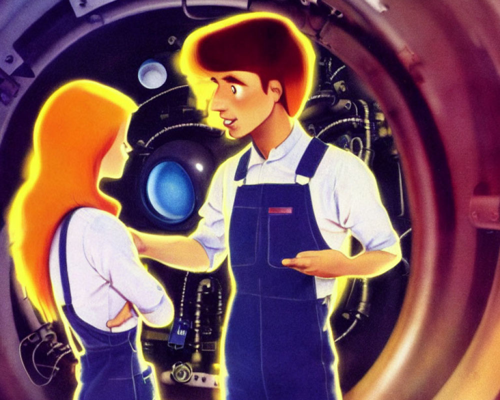 Male and female animated characters in overalls converse in futuristic tunnel setting