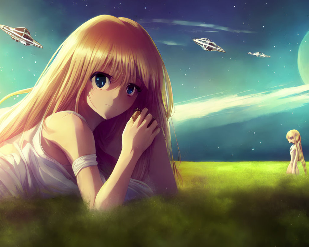 Blond girl in grassy field under starry sky with spaceships and planet