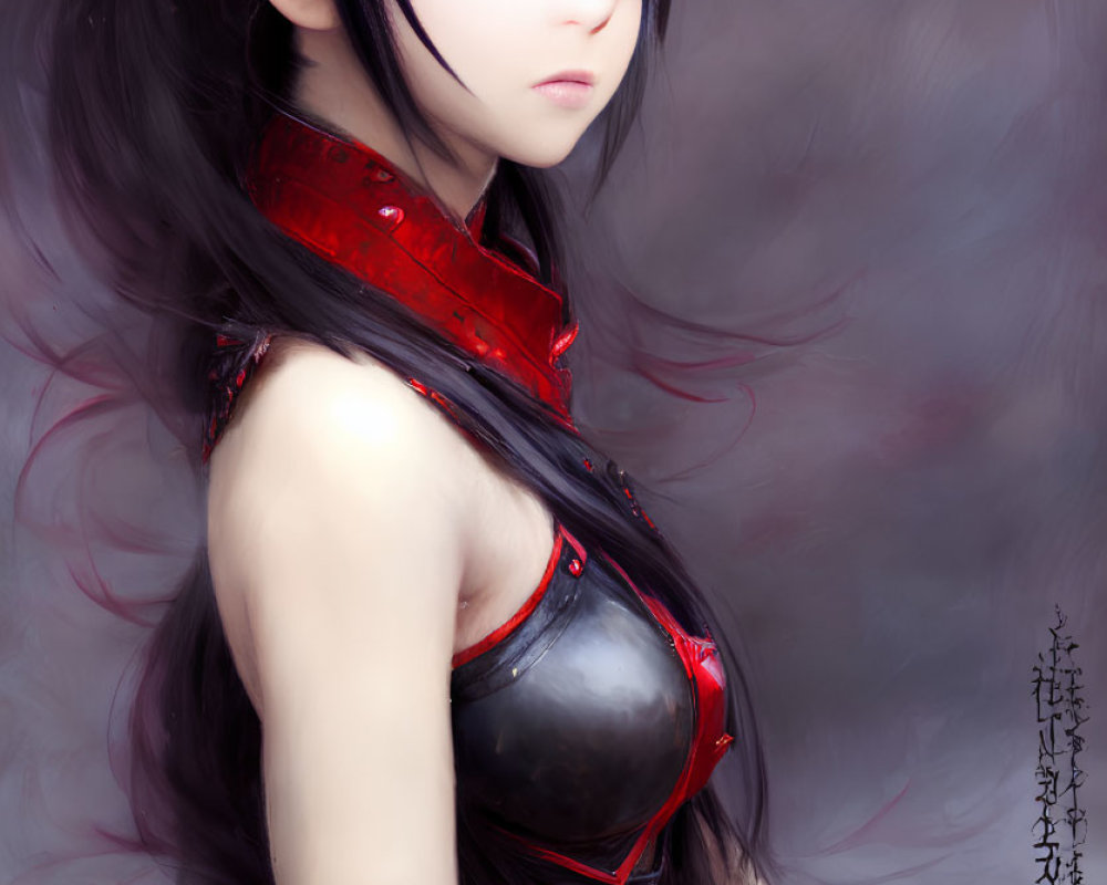 Digital artwork: Female character with horns, red eyes, and armor in misty background