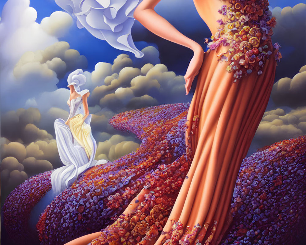 Surreal painting featuring woman in floral gown and blossomy landscape