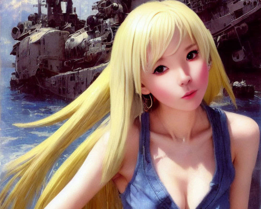 Blonde anime girl with battleship in futuristic setting