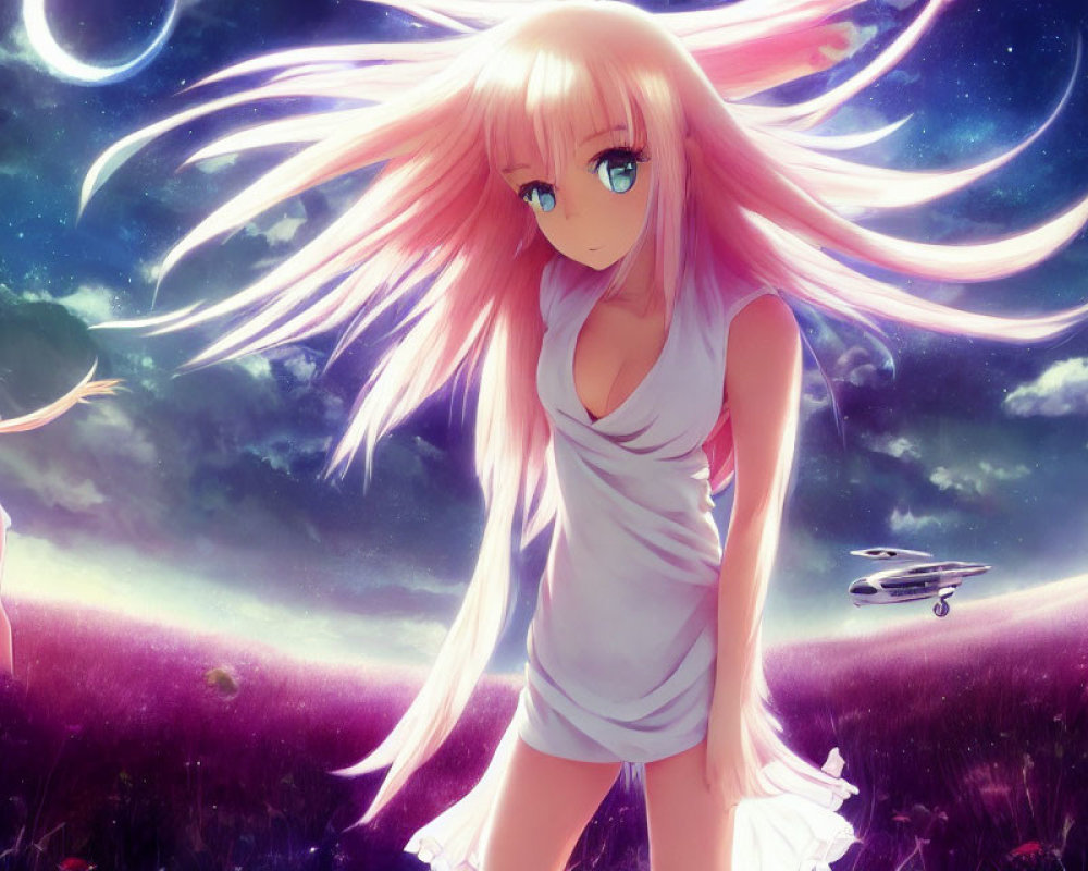 Pink-haired female character in field under twilight sky with multiple moons and another character in background