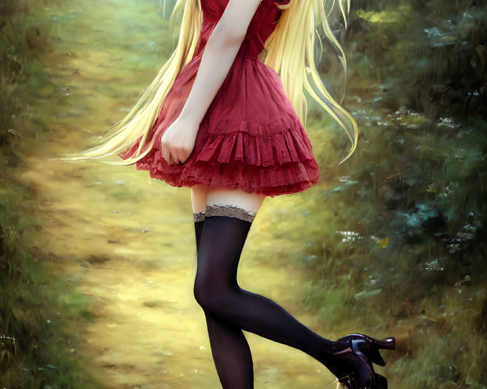 Blonde girl in red dress and black stockings walking in forest path