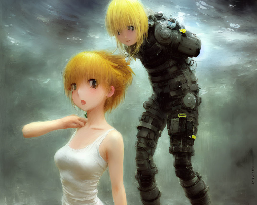 Anime-style characters in tank top and futuristic armor amidst hazy backdrop