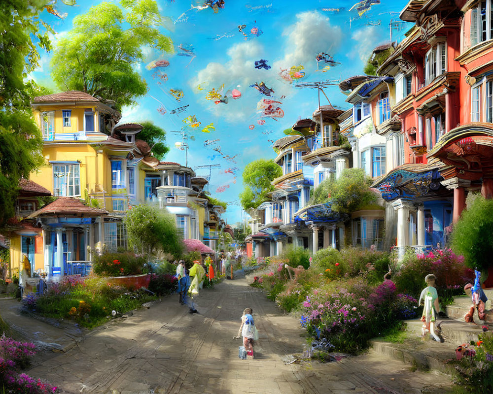 Colorful Street Scene with Flying Fish and Greenery