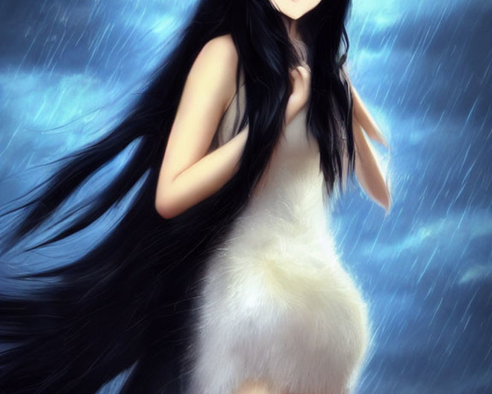 Anime-style character: Black hair, blue eyes, cat ears in rain