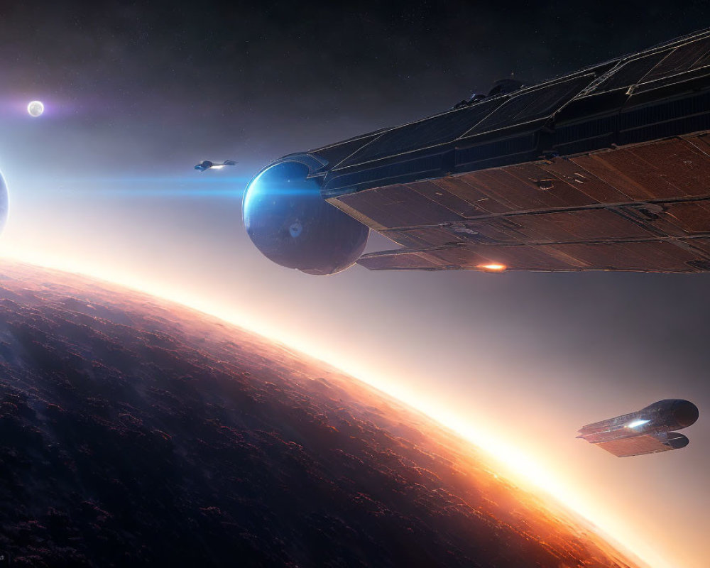 Sci-fi scene: Spaceships orbit planet with glowing horizon