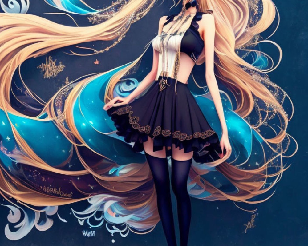 Blonde animated character in black dress with blue designs