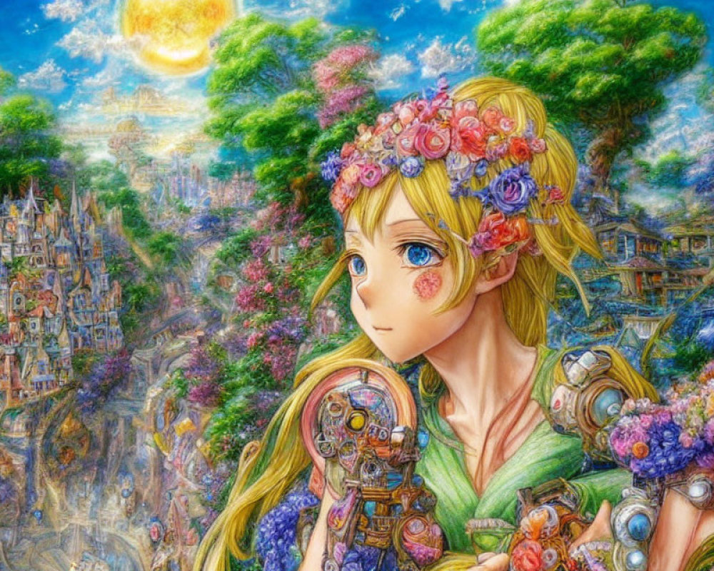 Blonde Anime Girl with Floral Crown and Mechanical Arm in Fantasy Cityscape