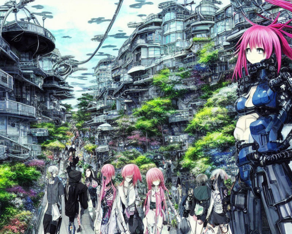 Pink-Haired Anime Character in Futuristic Cityscape