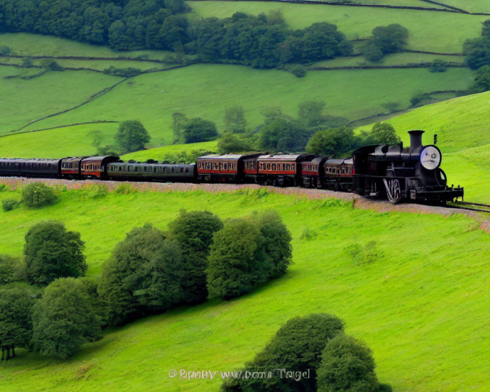 Scenic vintage steam train in lush green landscape