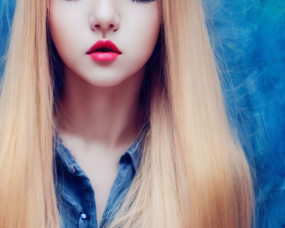 Portrait of a person with long blonde hair and red lipstick on blue backdrop