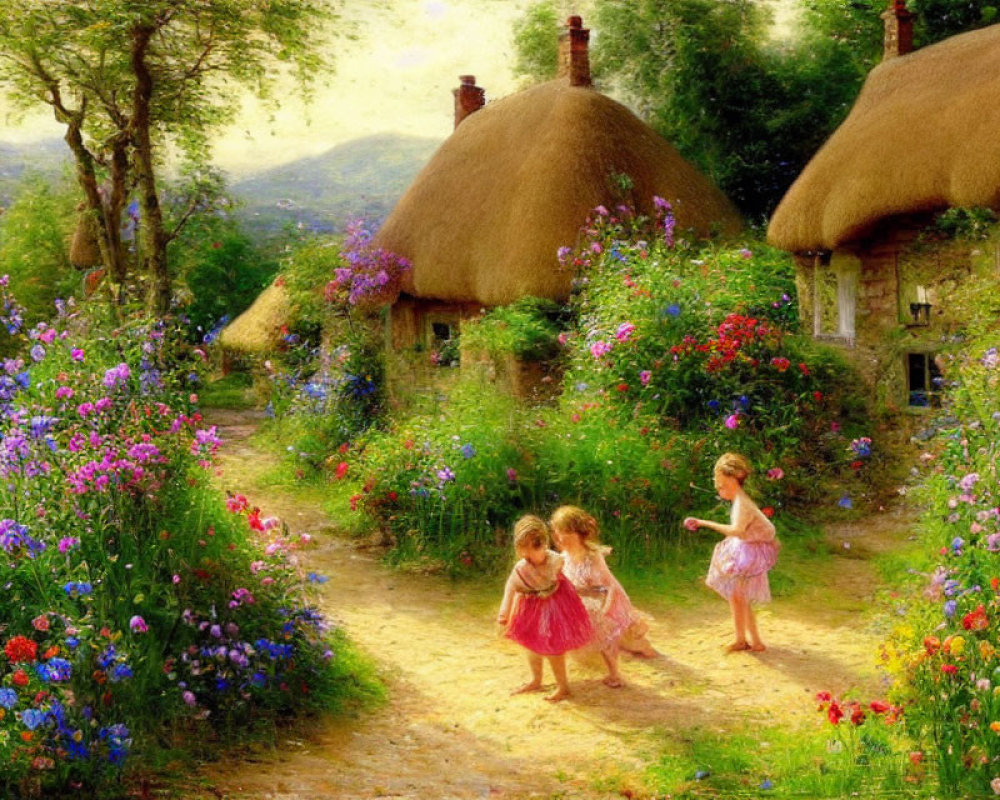 Three young girls playing in pastel dresses in a lush garden with thatched-roof cottages and
