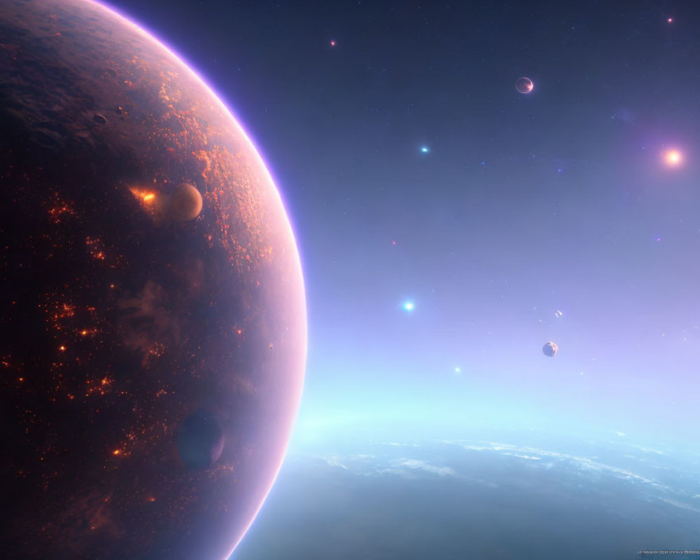 Large planet, multiple moons, and star-studded sky in cosmic scene