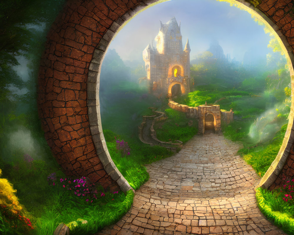 Mystical stone archway leading to enchanting castle in lush landscape