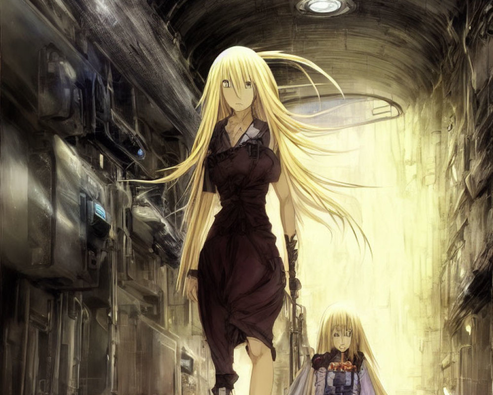 Blonde anime girl in dark dress in futuristic alleyway