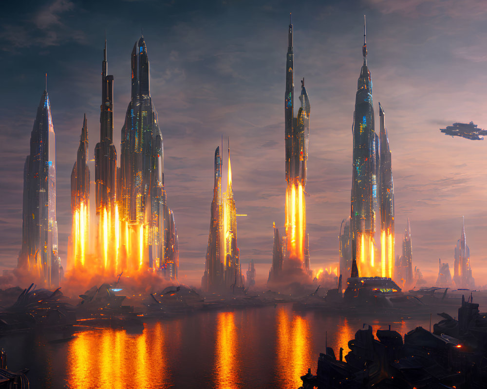 Futuristic cityscape with skyscrapers, ruins, and flying vehicles at dusk