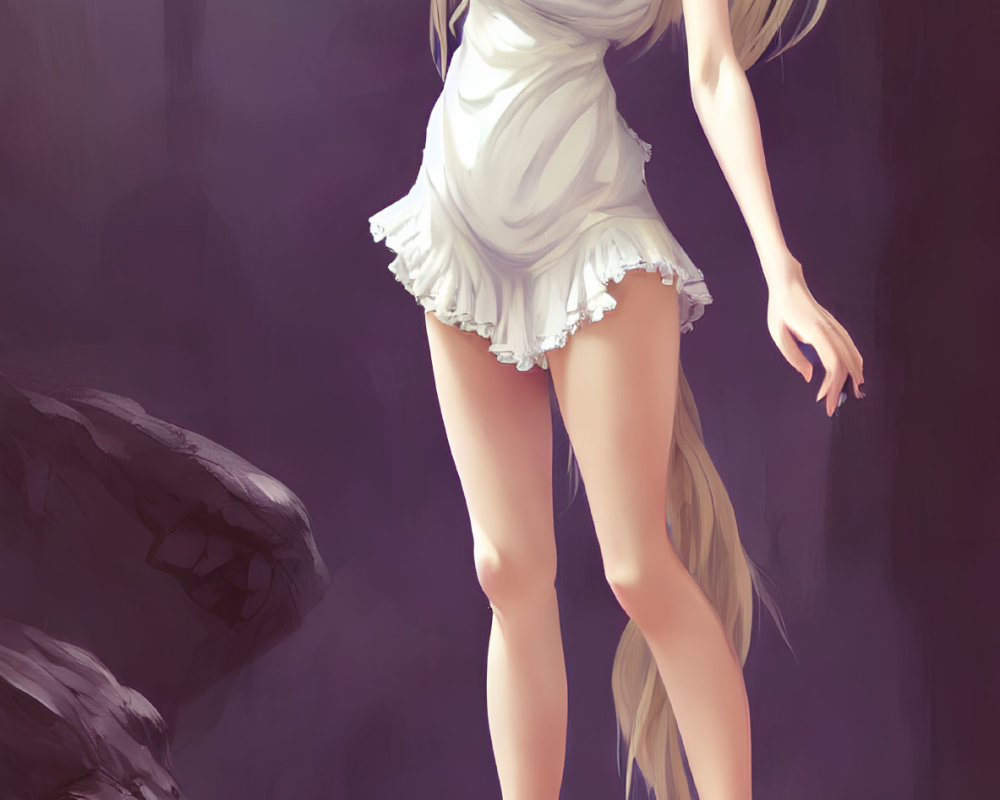 Blonde anime girl in white dress against mystical background