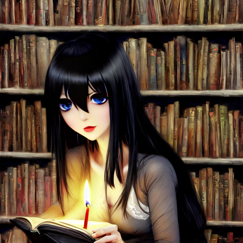 Long Black-Haired Anime Girl Reading by Candlelight