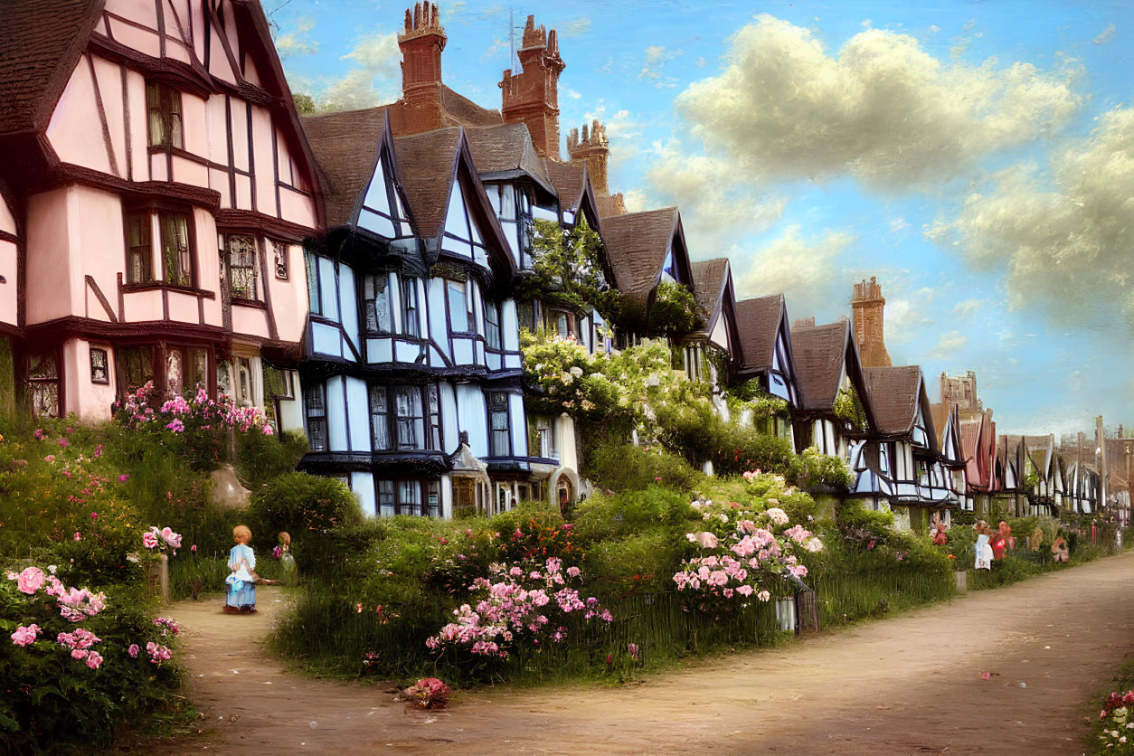 Picturesque Tudor-style houses on charming old street with blooming gardens and people strolling under blue