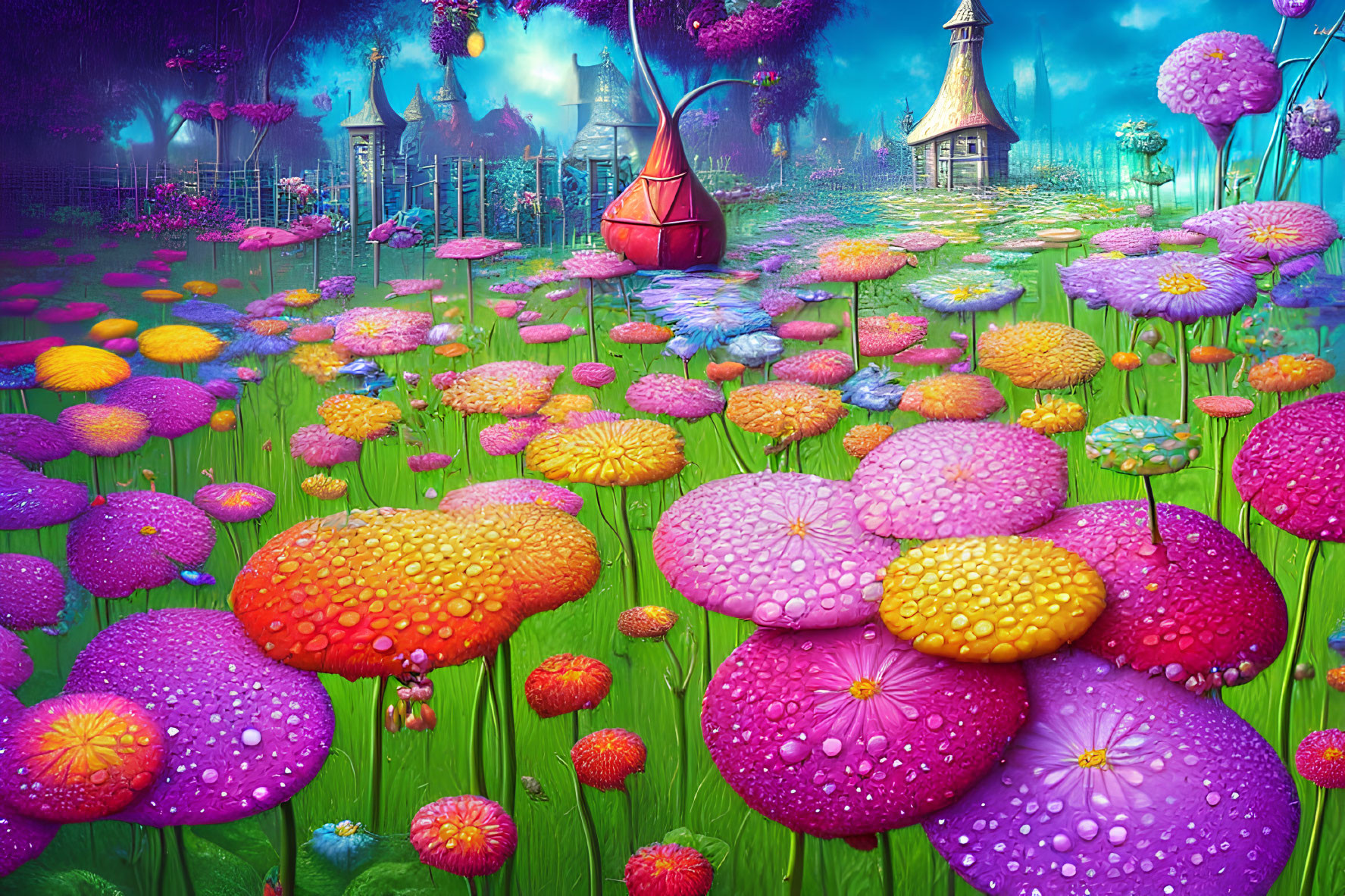 Fantasy landscape with oversized flowers, whimsical structures, and purple sky