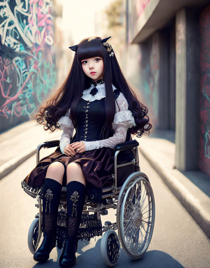 Woman in gothic lolita outfit with cat ears in wheelchair by graffiti wall
