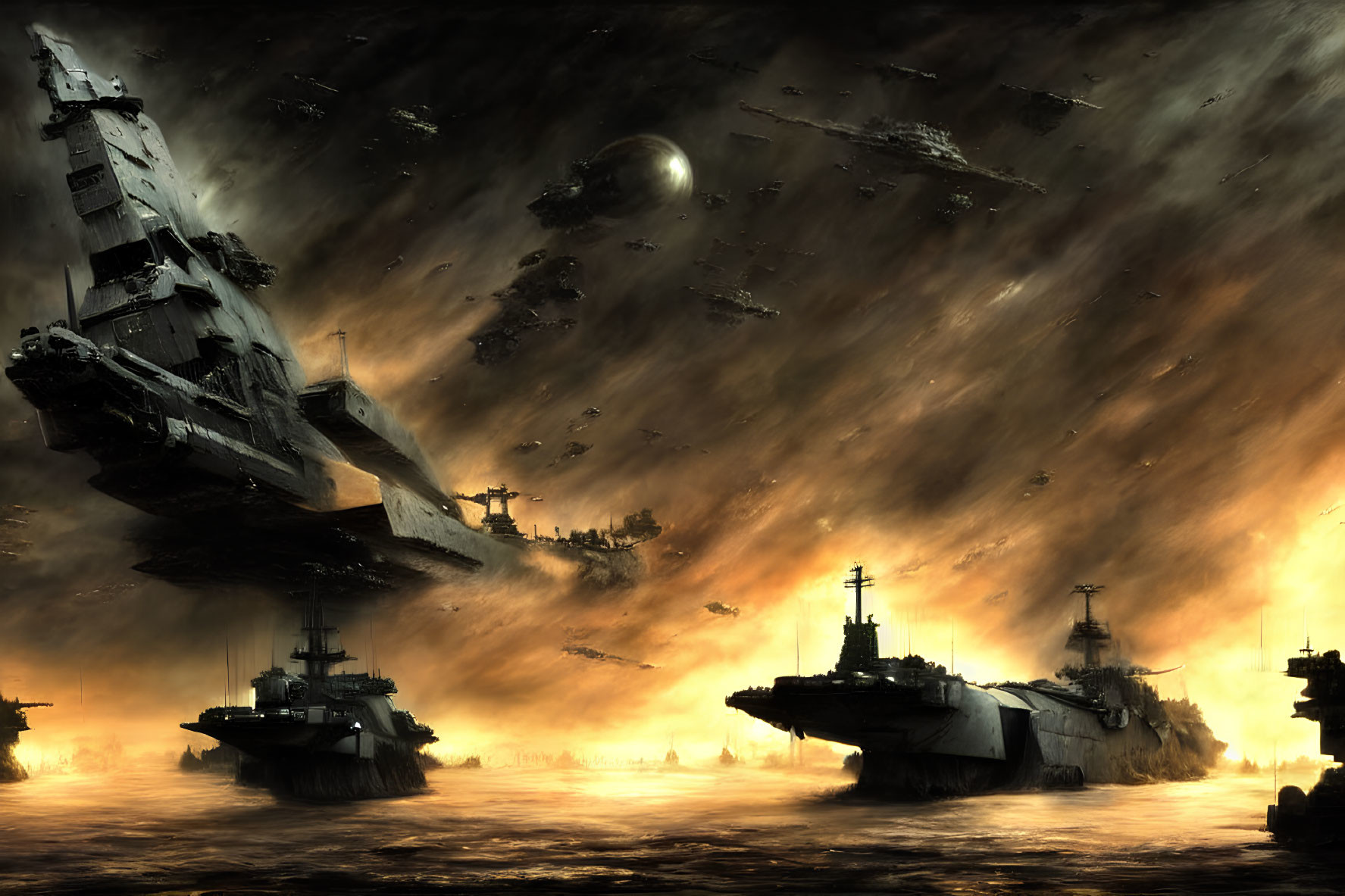 Sci-fi scene: Battleships in stormy sky with explosions & celestial body